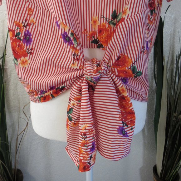 Stripe Floral Front Tie Boho Women's Top Sz M - Picture 3 of 9